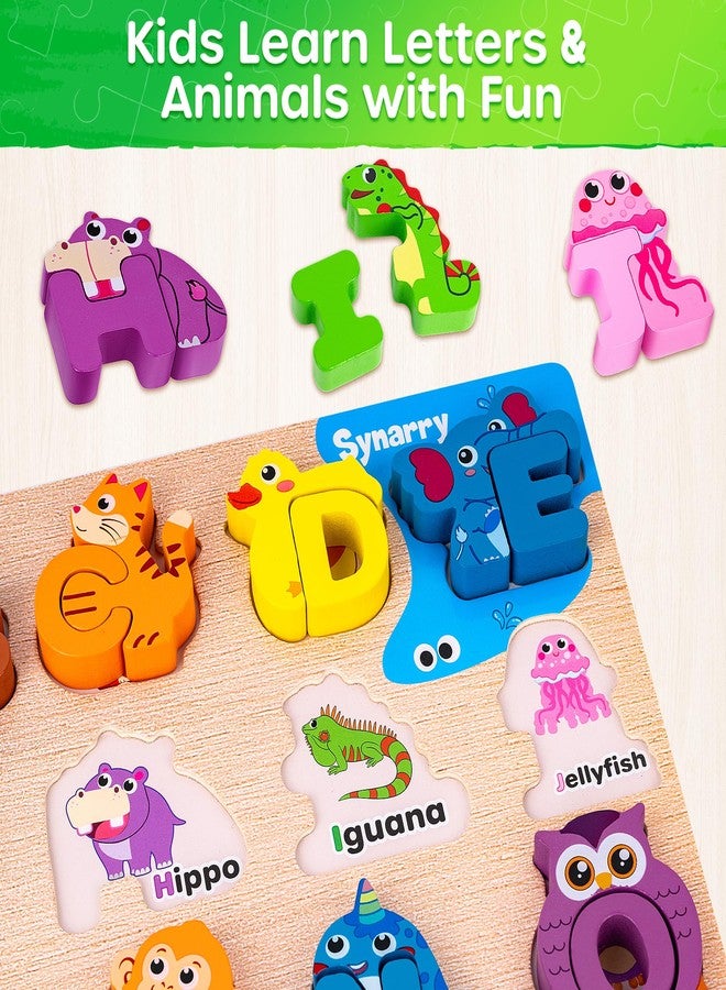 SYNARRY Wooden Alphabet Puzzle, 52 Pieces ABC Puzzles for Kids Ages 3-5, Alphabet ABC Letter Blocks Puzzles for Toddlers 2-4, Wooden Animals Letter Matching Game, ABC Alphabet Preschool Learning Toys - Image 3